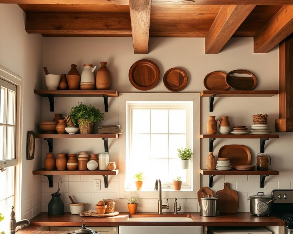 open shelving in farmhouse kitchen